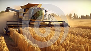 a big yellow harvester harvests wheat