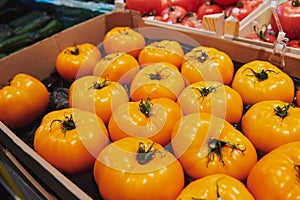 Big yellow heirloom tomatoes in the box at the market place.