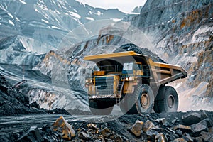 Big Yellow Mining Truck in Anthracite Coal Open Pit Mine Industry. Generative AI