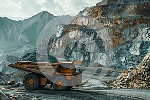 Big Yellow Mining Truck in Anthracite Coal Open Pit Mine Industry. Generative AI