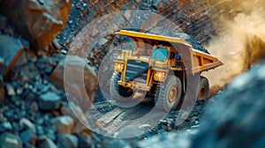 Big yellow mining truck operating in open pit coal mine quarry for extractive industry