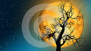 Big yellow moon on sky, night fantasy, night shooting stars, looped animation background.