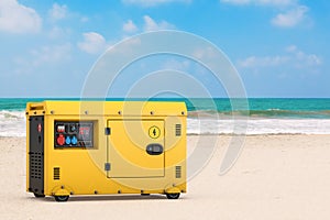 Big Yellow Outside Auxiliary Electric Power Generator Diesel Unit for Emergency Use on an Ocean or Sea Summer Beach. 3d Rendering