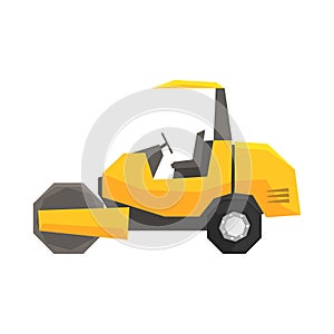 Big yellow road roller, heavy construction machine vector Illustration