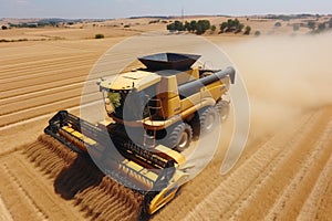 Big yellow Tractor harvests in the field in summer, aerial view