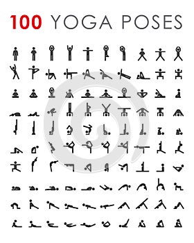 Big yoga poses asanas icons set. All asanas. 100 poses. Vector illustrations. For logo yoga branding. Yoga people infographics.