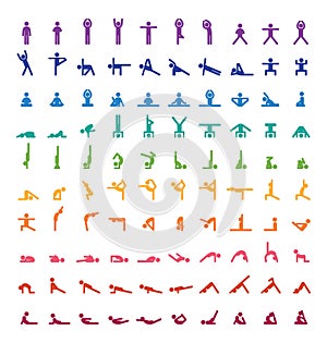 Big yoga poses asanas icons set. Rainbow colors. All asanas. 100 poses.