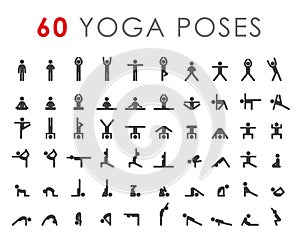 Big yoga poses asanas icons set. Vector illustrations. For logo yoga branding. Yoga people infographics. Pilates st