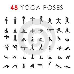 Big yoga poses asanas icons set. Vector illustrations. For logo yoga branding. Yoga people infographics. Stick figures