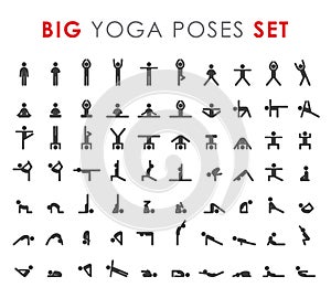 Big yoga poses asanas icons set. Vector illustrations. For logo yoga branding. Yoga people infographics. Stick figures.