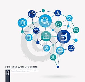 Bigdata analytics, research, big data info center integrated business vector icons. Digital mesh smart brain idea photo