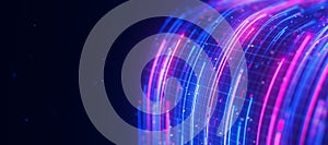 Bigdata light speed data flow turn closeup. Abstract digital data stream of quantum computing. Cyberspace of qubit