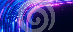 Bigdata light speed data flow turn closeup. Abstract digital data stream of quantum computing. Cyberspace of qubit