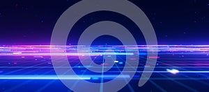 Bigdata light speed planar flow horizon. Abstract digital data stream of quantum computing. Cyberspace of qubit trails