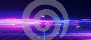 Bigdata light speed planar flow horizon. Abstract digital data stream of quantum computing. Cyberspace of qubit trails