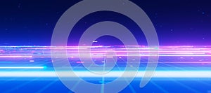 Bigdata light speed planar flow horizon. Abstract digital data stream of quantum computing. Cyberspace of qubit trails