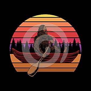 Bigfoot canoe sunset retro vector illustration