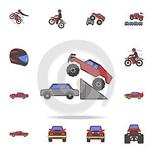 bigfoot car in jump field coloricon. Detailed set of color big foot car icons. Premium graphic design. One of the collection icons
