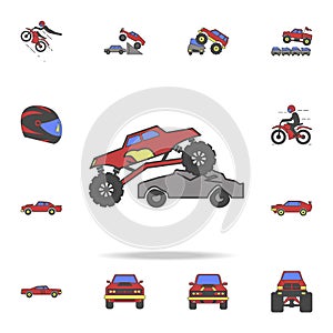 bigfoot car rides through cars field coloricon. Detailed set of color big foot car icons. Premium graphic design. One of the