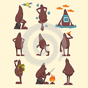 Bigfoot cartoon character set, funny mythical creature in different situations vector Illustrations on a white