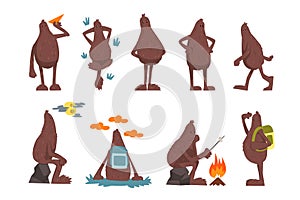 Bigfoot cartoon character set, funny mythical creature in different situations vector Illustrations on a white