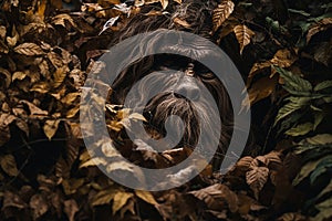 A Bigfoot creature hiding behind leaves peaking out. Sasquatch hidden in camouflage photo