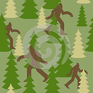 Bigfoot in forest military pattern. Yeti clothing texture. Army background. sasquatch Protective soldier ornament. Vector