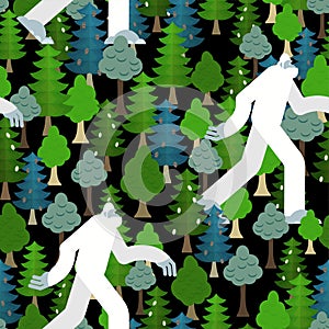 Bigfoot in forest pattern seamless. Yeti and trees background. Abominable snowman ornament. sasquatch texture