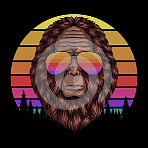 Bigfoot head eyeglasses sunset retro vector illustration