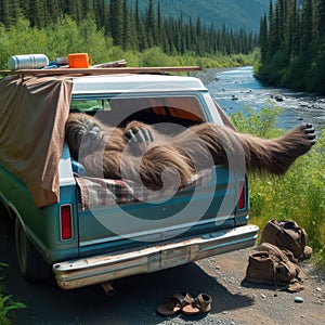 Bigfoot lounging in pickup truck by forest river