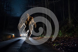 bigfoot running along interstate forest road at night in light of car headlights, neural network generated