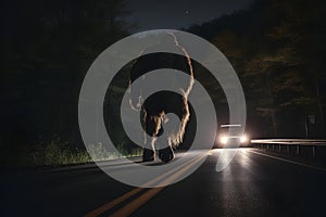 bigfoot running along interstate forest road at night in light of car headlights, neural network generated