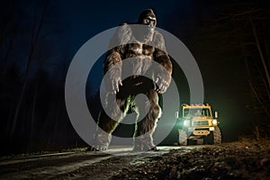 bigfoot running along interstate forest road at night in light of car headlights, neural network generated