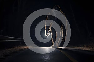 bigfoot running along interstate forest road at night in light of car headlights, neural network generated photorealistic image