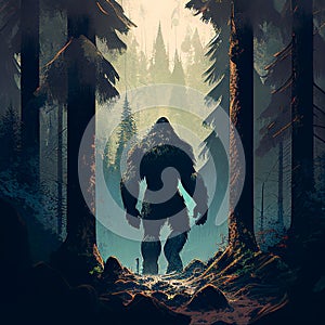 Bigfoot or sasquatch in the forest, mysterious furry creature walking in the woodlands, tall trees, Illustration