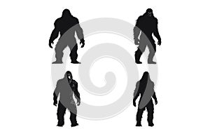Bigfoot silhouette illustration set, Big foot yeti black and white silhouette set