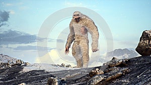 Bigfoot in the snowy mountains on a beautiful winter morning. Yeti in the mountains. Illustration for fabulous, fiction