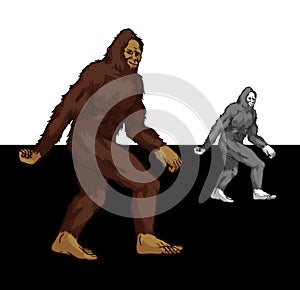 Bigfoot walking - mystical creature sasquatch colored and grayscale