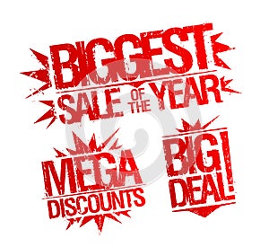 Biggest sale of the year stamp, mega discounts stamp, big deal stamp.