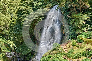 Biggest waterfall at Parque Natural da Ribeira dos Caldeiroes, Sao Miguel, Azores, Portugal photo