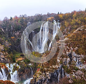 The biggest waterfalls in the National Park Plitvice Lakes in Croatia