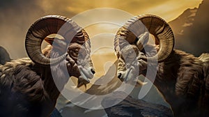 Bighorn sheep rams close up