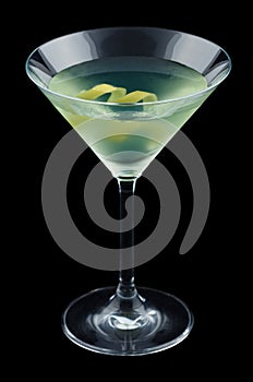 Bijou cocktail with lemon twist isolated on black background