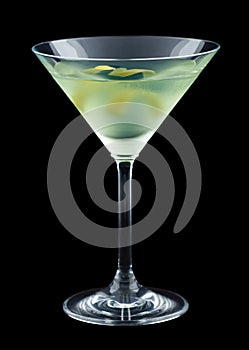 Bijou cocktail with lemon twist isolated on black background