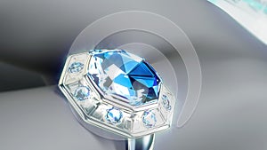 bijouterie backdrop, silver or white gold ring with blue diamond or topaz stones - abstract 3D rendering