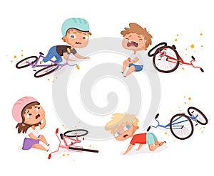 Bike accident. Kids fallen damaged bicycle broken transport children accidents helping person vector characters