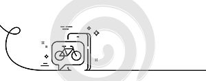 Bike app line icon. City bicycle transport sign. Continuous line with curl. Vector