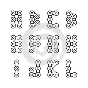 Bike or Bicycle Chain Monochrome Line Vector Font. Letters from A to L