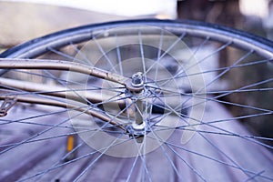 Bike. Bicycle wheel. Wheel spokes. old rusty