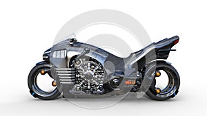 Bike with chrome engine, black futuristic motorcycle isolated on white background, side view, 3D render